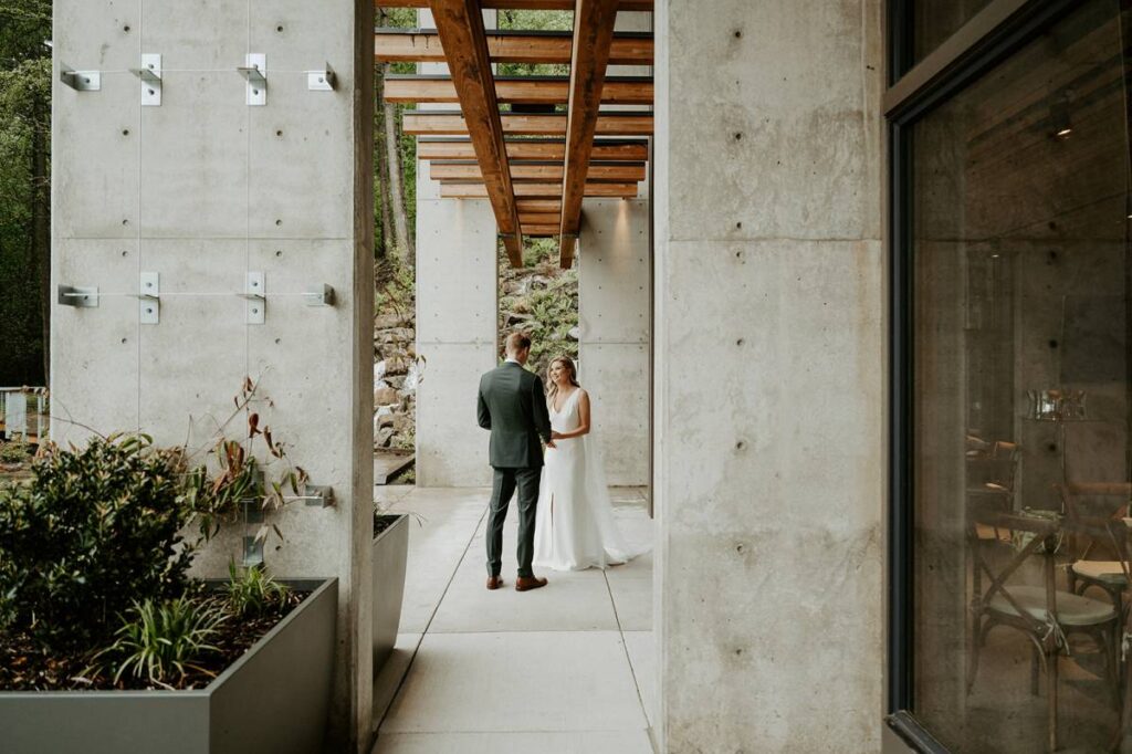 Editorial-style couple photos with vineyard and skyline backdrop