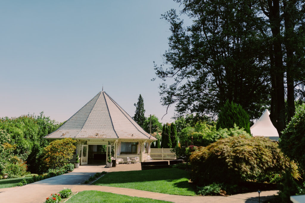 Ceremony at the gazebo surrounded by blooming gardens in Portland, Oregon