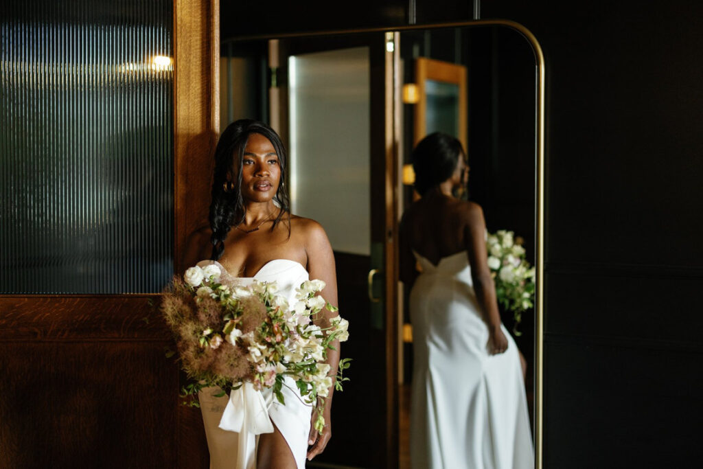 Editorial wedding portraits in moody lounge at The Arc Light Portland