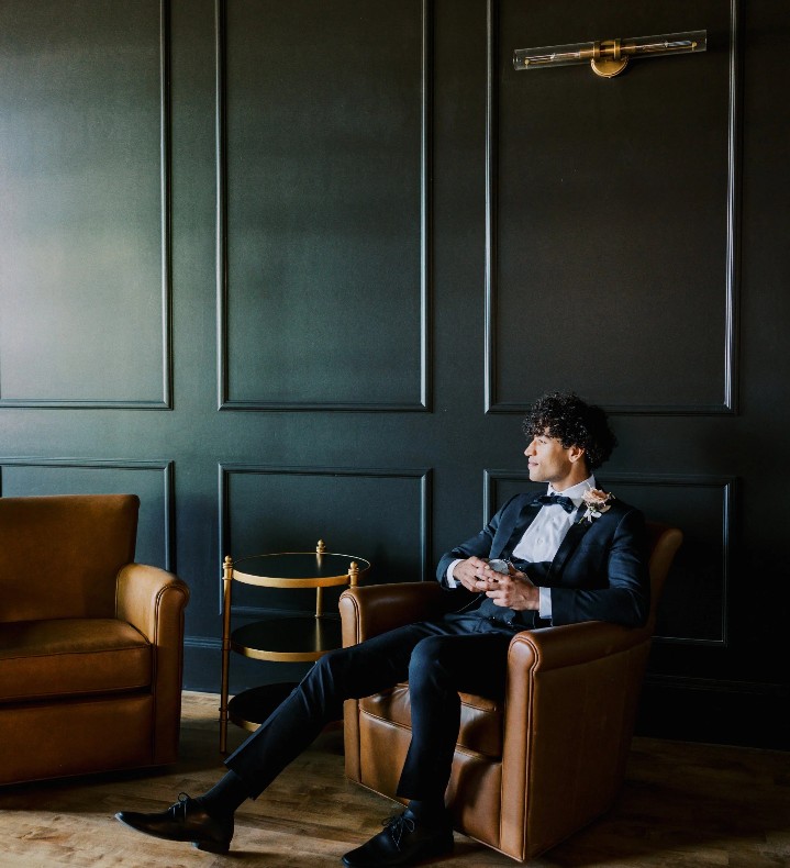 Editorial wedding portraits in moody lounge at The Arc Light Portland