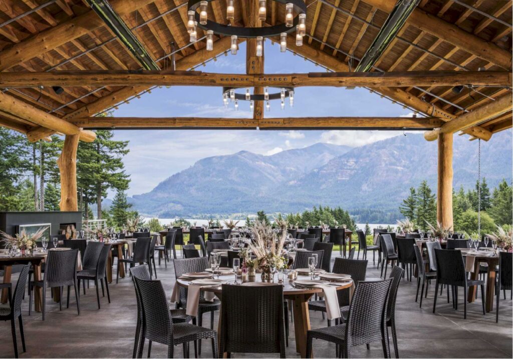 Skamania Lodge wedding in Stevenson Washington with panoramic Columbia River Gorge views, Riverview Pavilion reception, and luxury resort amenities
