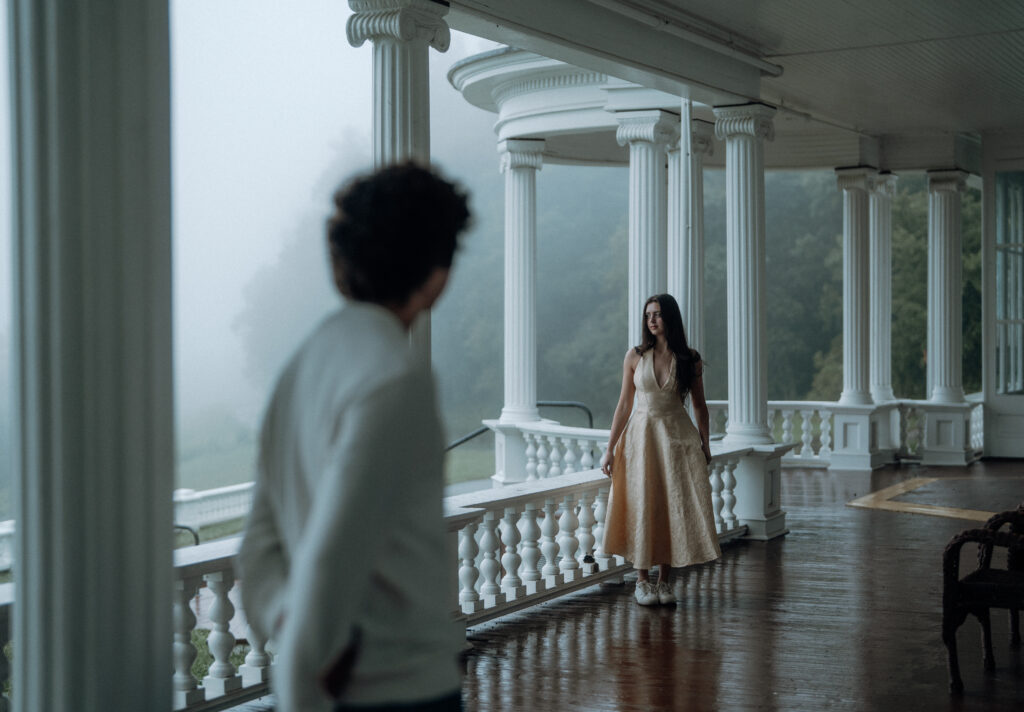 ngagement session in a misty mountain park in North Carolina, captured after the rain with soft, diffused light and natural tones. Emotional, candid moments by destination engagement photographer KNCAPTURES