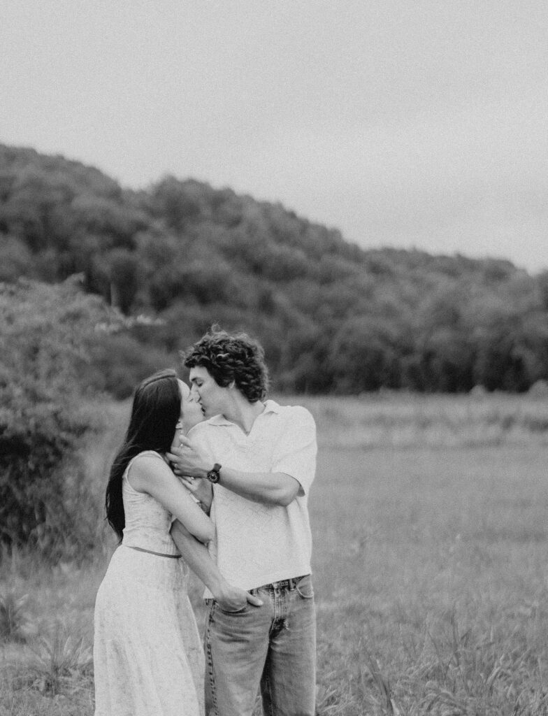 Engagement session in a misty mountain park in North Carolina, captured after the rain with soft, diffused light and natural tones. Emotional, candid moments by destination wedding photographer KNCAPTURES