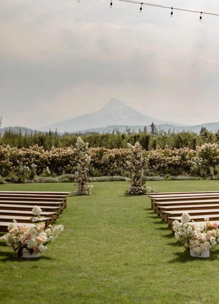 Ceremony with Mt. Hood backdrop at The Orchard in Hood River