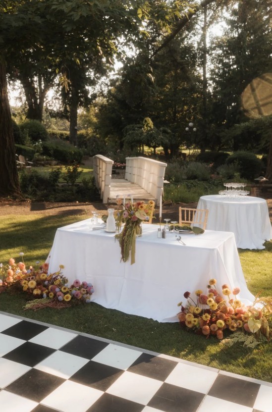 Columbia Gorge Hotel and Spa wedding in Hood River Oregon — historic venue with waterfall views, manicured gardens, and elegant on-site lodging. Detail photos of the reception space.