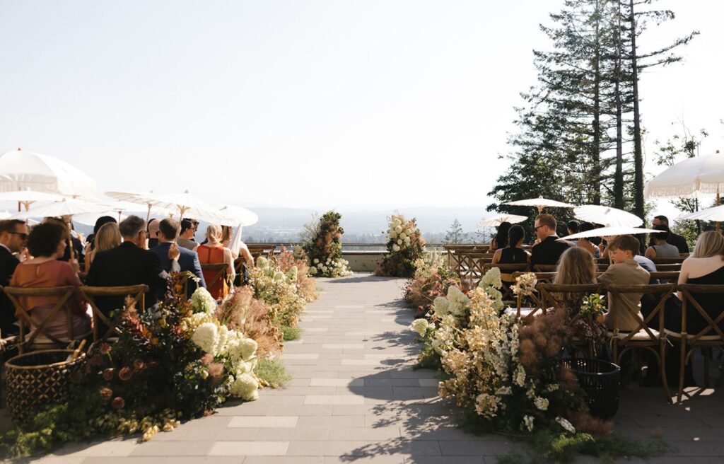 Amaterra Winery wedding in Portland Oregon with sweeping Willamette Valley views, terrace lawn ceremony, and skyline ballroom reception.