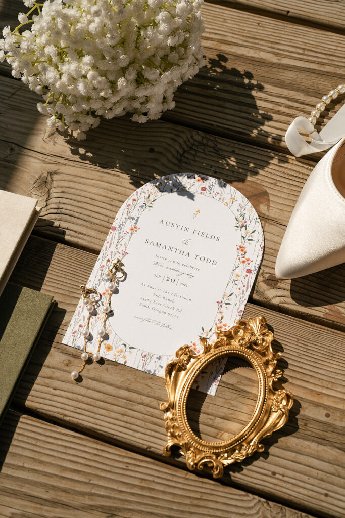flatlay wedding photo invitation suite