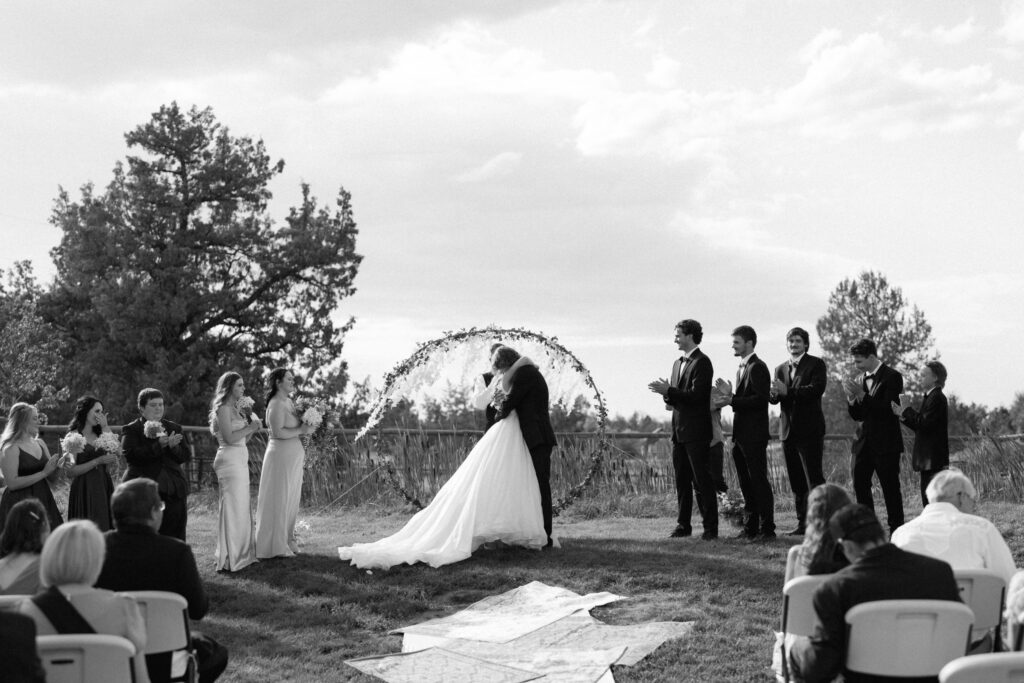 groom crying as bride walks down the aisle bend oregon wedding 